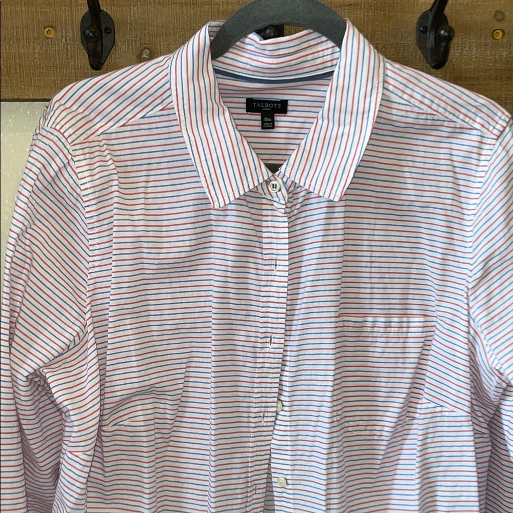 Talbots Women’s Casual Button Down Shirt - Red, blue and White Stripes. Size 18w